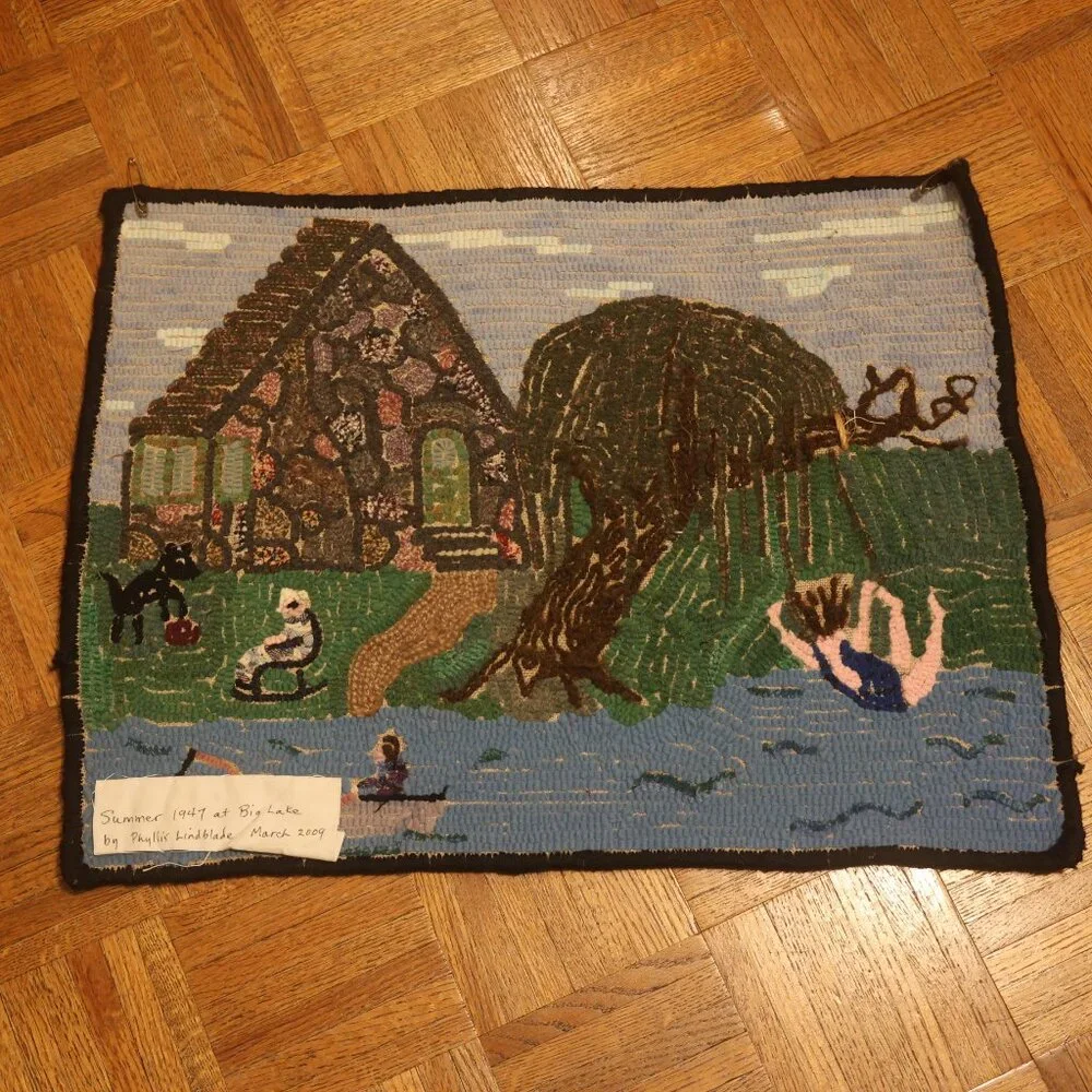 HAND HOOKED Rug Summer Lake House Boat Scene FOLK ART River 25x19